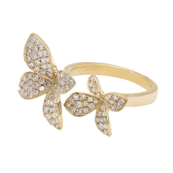 Rachel Koen Diamond Double Flower Cocktail Ring 18K Yellow Gold 0.98Ctw Size 6.5
